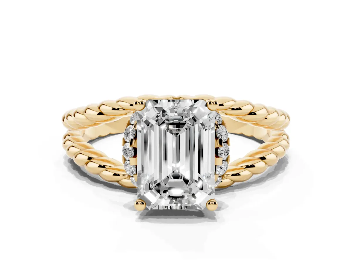 Emerald Cut Halo Twisted Band Four-Prong Ring Yellow gold