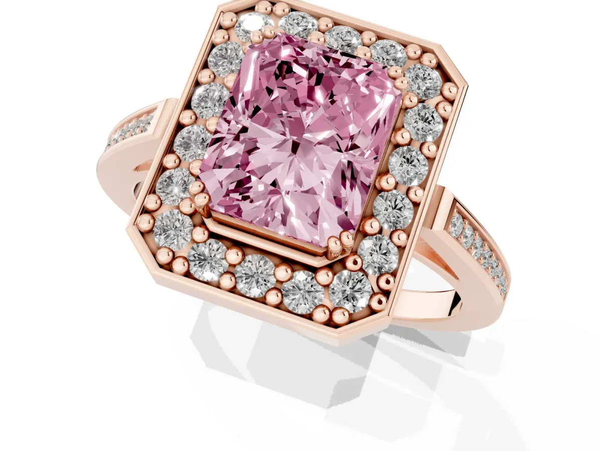 Fancy Pink Radiant Cut Diamond Halo Ring with Split Shank and Four-Prong Setting Rose gold
