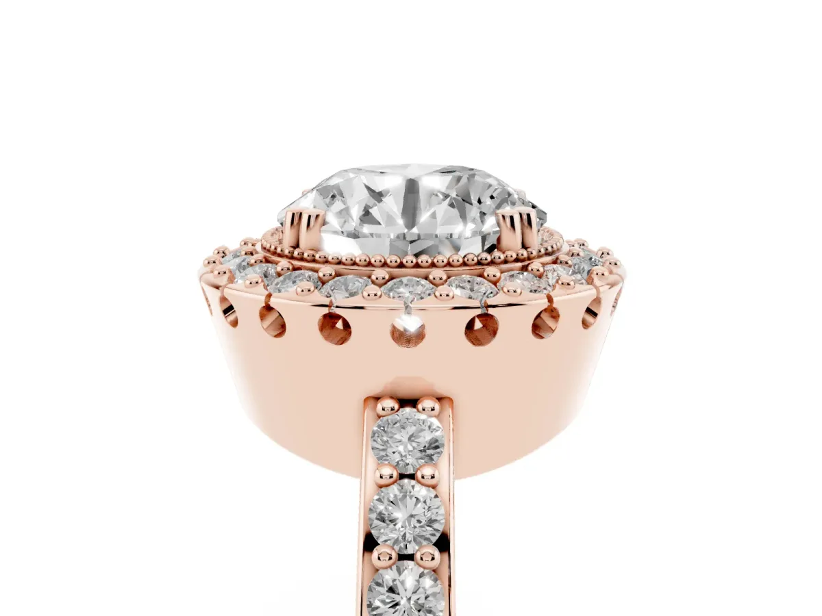 Round Cut Diamond Halo Ring with Pavé Band and Prong Setting Rose gold