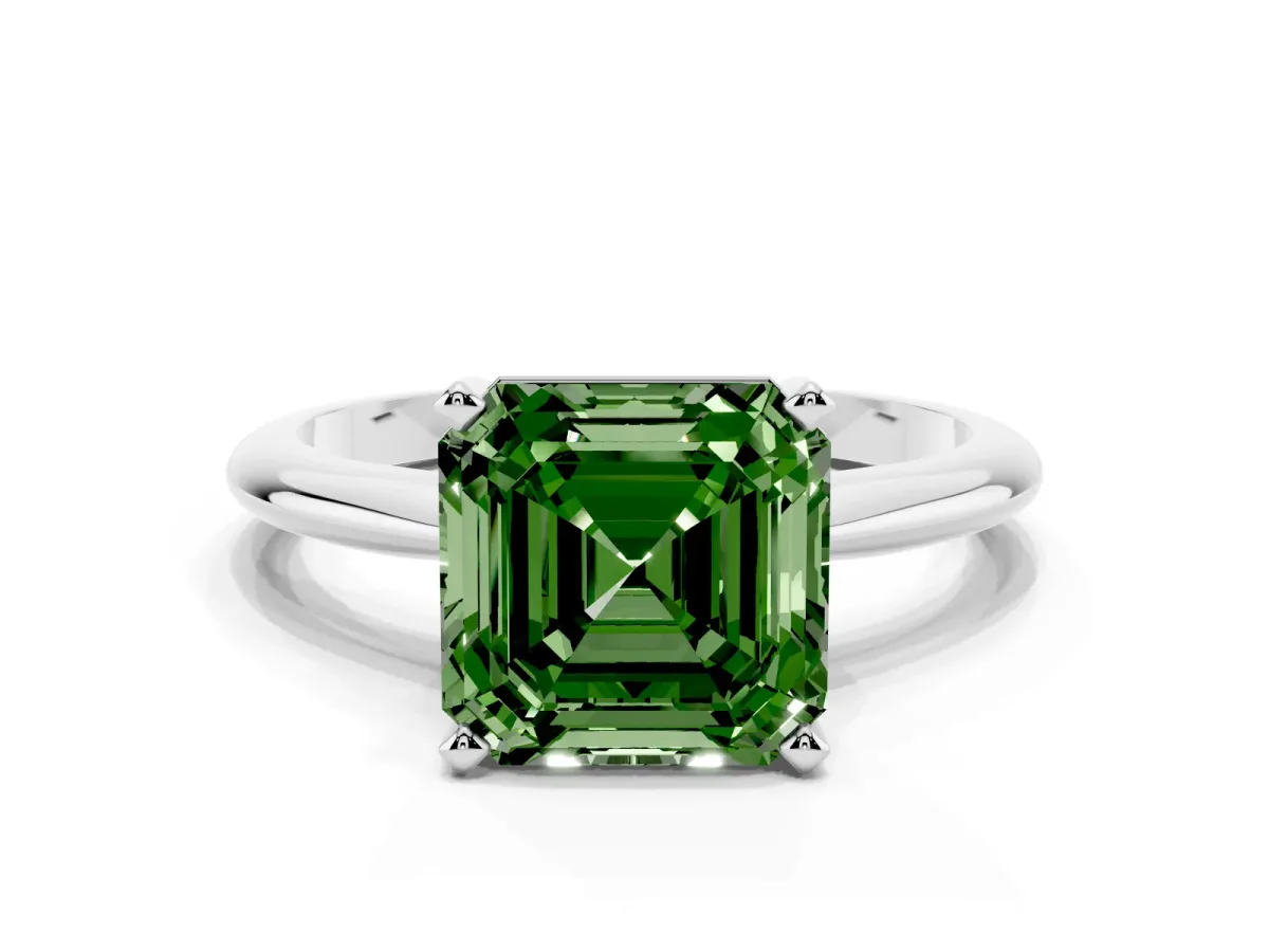 Fancy Green Asscher Cut Cut Solitaire Ring with Four-Prong Setting on a Classic Band Silver
