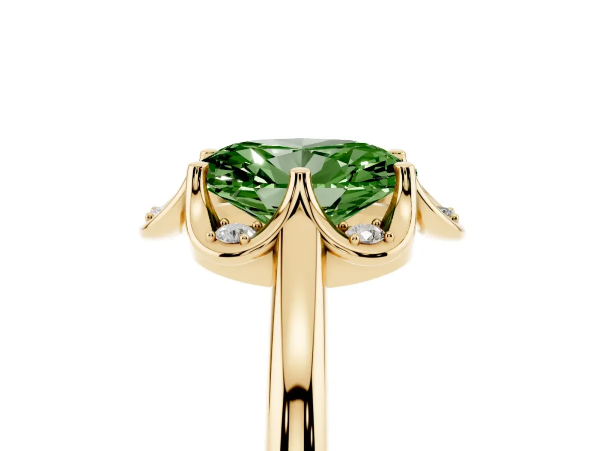 Fancy Green Oval Cut Halo Diamond Ring with Round Cluster Setting, Solitaire Band, and Four-Prong Setting Yellow gold