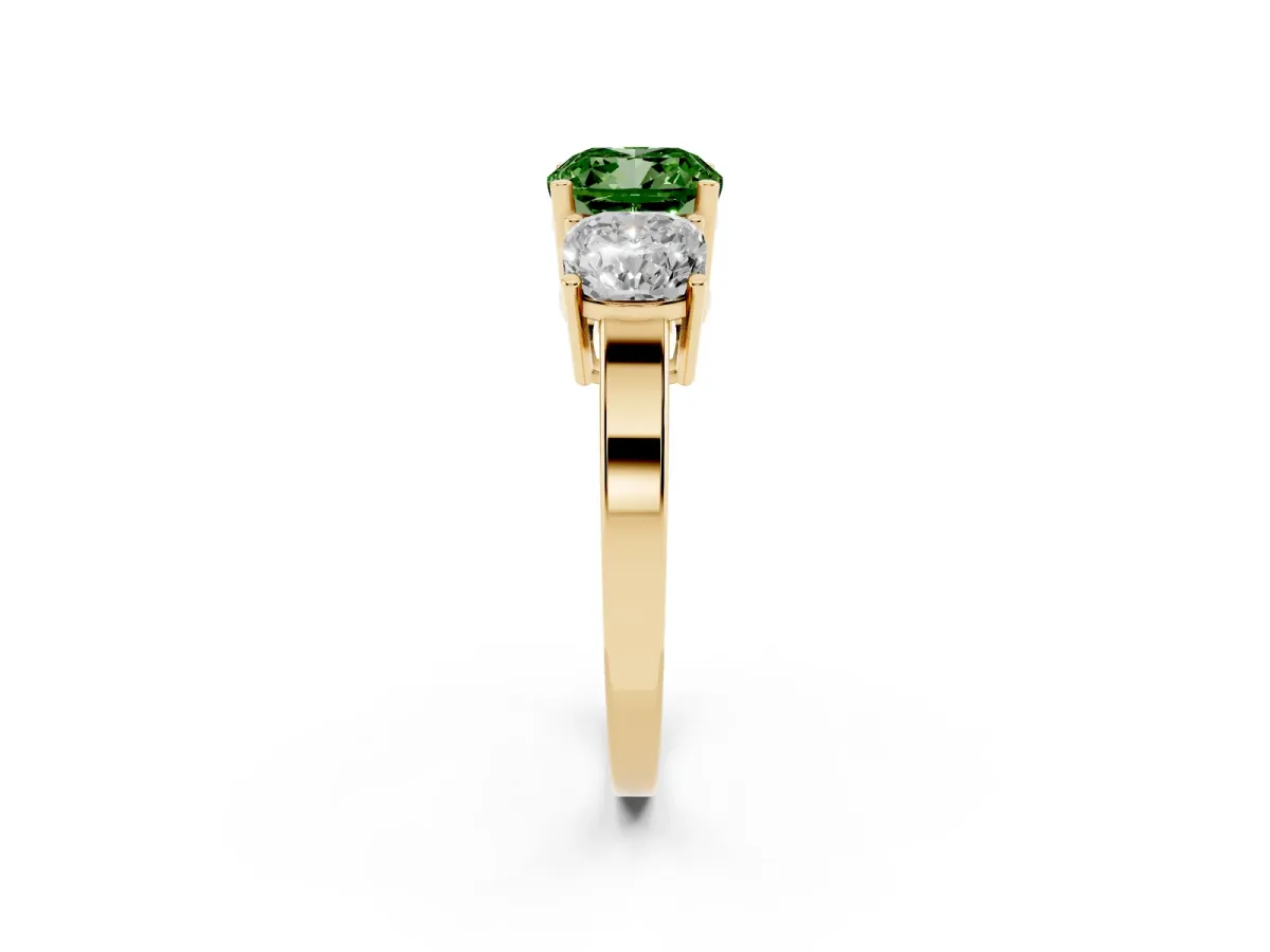 Fancy Green Three-Stone Cushion Cut Cut Diamond Engagement Ring with Flat Band and Four-Prong Setting Yellow gold