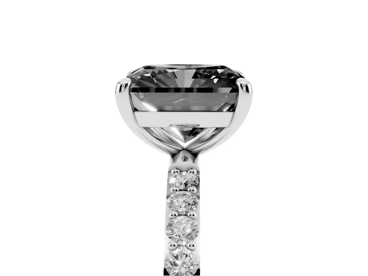 Fancy Black Radiant Cut Diamond Solitaire Ring with Round Pavé Band and Prong Setting Silver