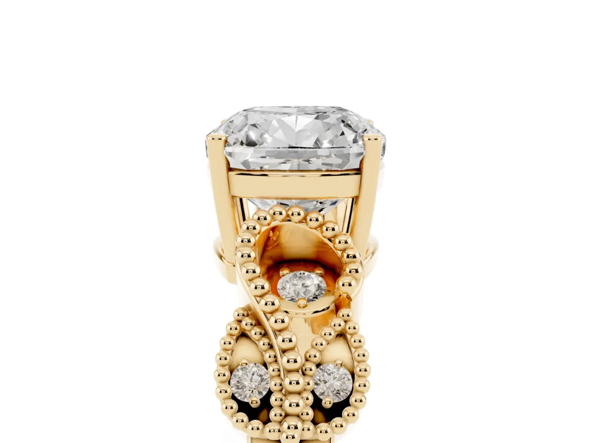 Cushion Cut Solitaire Milgrain Leaf Band with Prong Setting Yellow gold