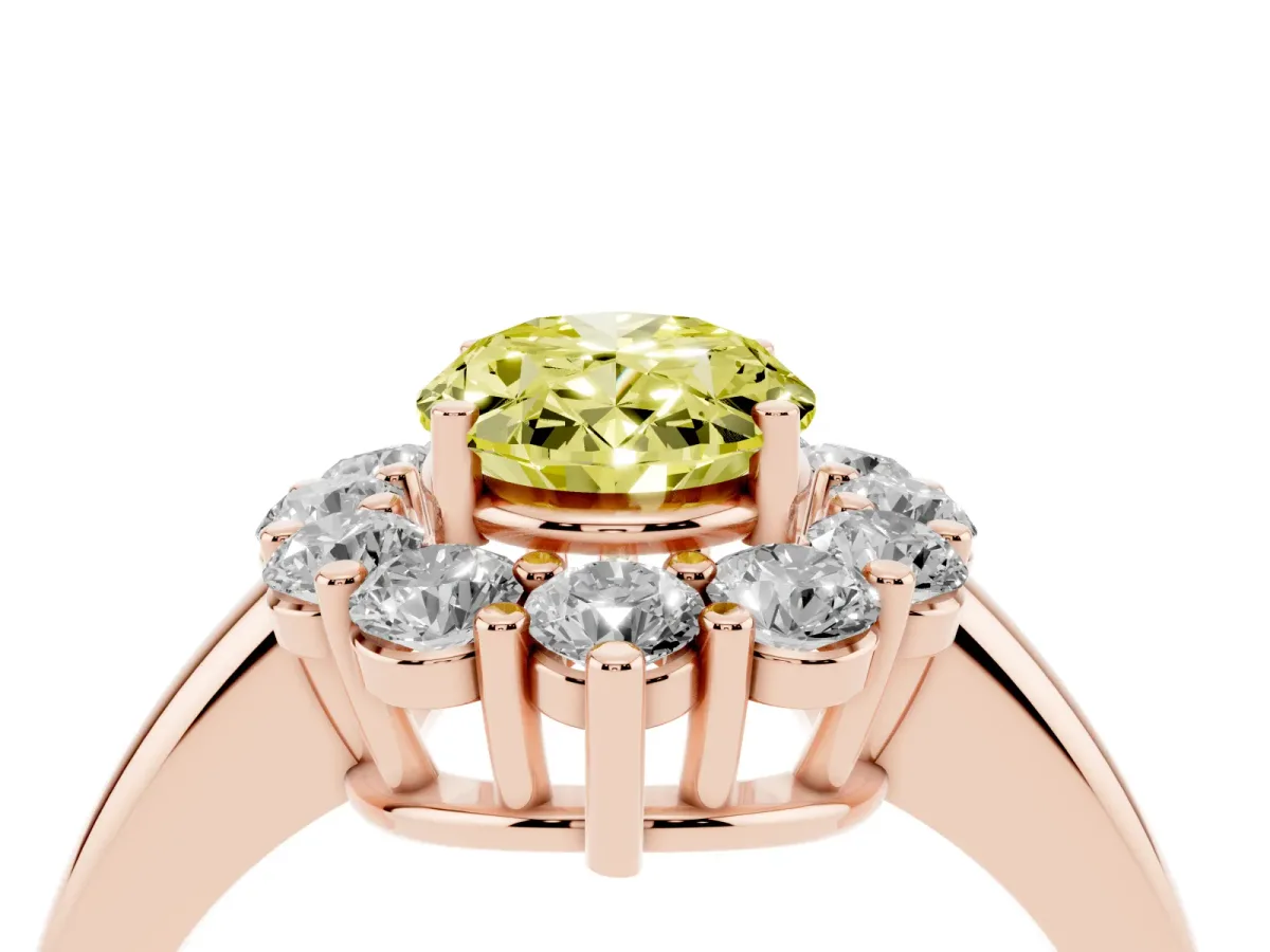 Fancy Yellow Oval Cut Halo Cluster Diamond Engagement Ring with Prong Setting and Polished Band Rose gold