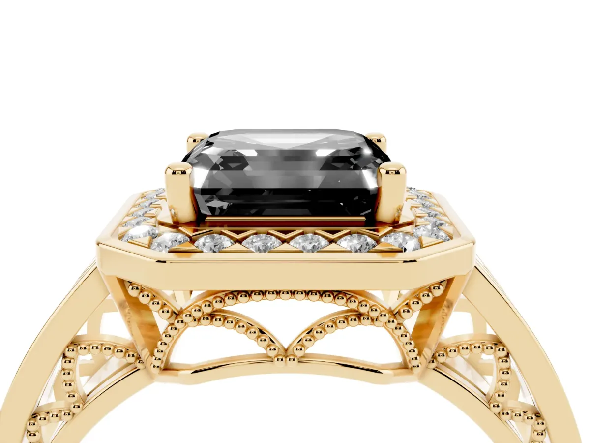 Fancy Black Asscher Cut Diamond Halo Ring with Split Shank and Bezel Accents and Prong Setting Yellow gold