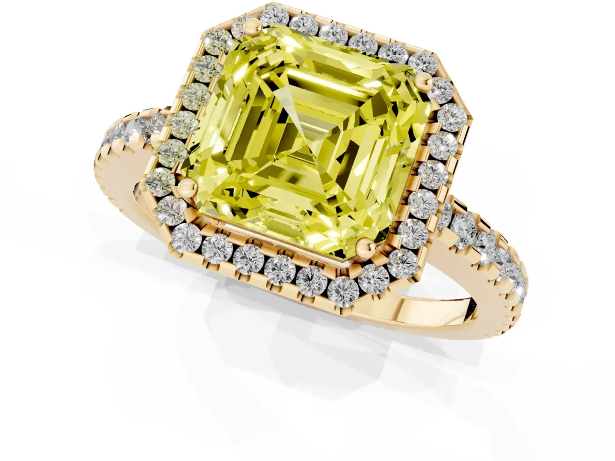 Fancy Yellow Asscher Cut Diamond Halo Engagement Ring with Pavé Band and Prong Setting Yellow gold