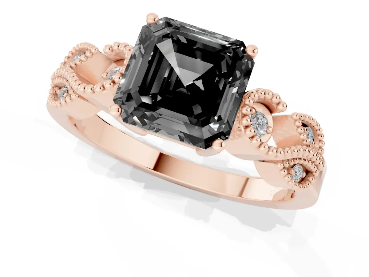 Fancy Black Asscher Cut Solitaire Milgrain Leaf Band with Prong Setting Rose gold
