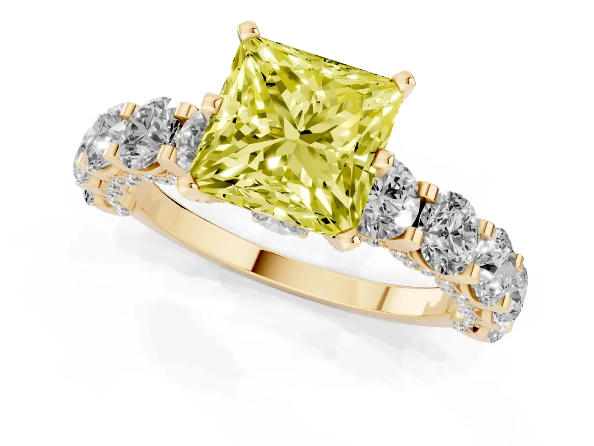 Fancy Yellow Princess Cut Diamond Side Stone Engagement Ring with Four-Prong Setting Yellow gold