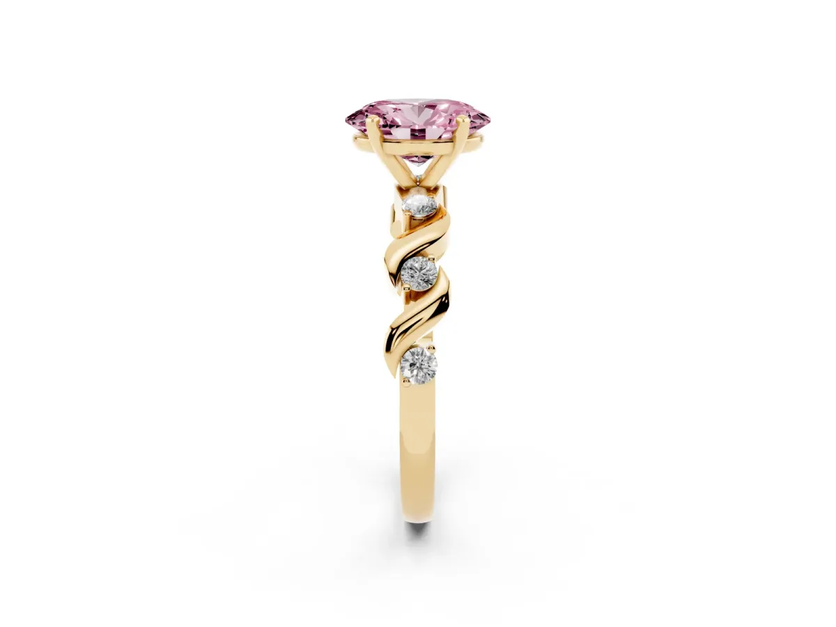 Fancy Pink Oval Cut Diamond Solitaire Twisted Band with Round Accents and Prong Setting Yellow gold