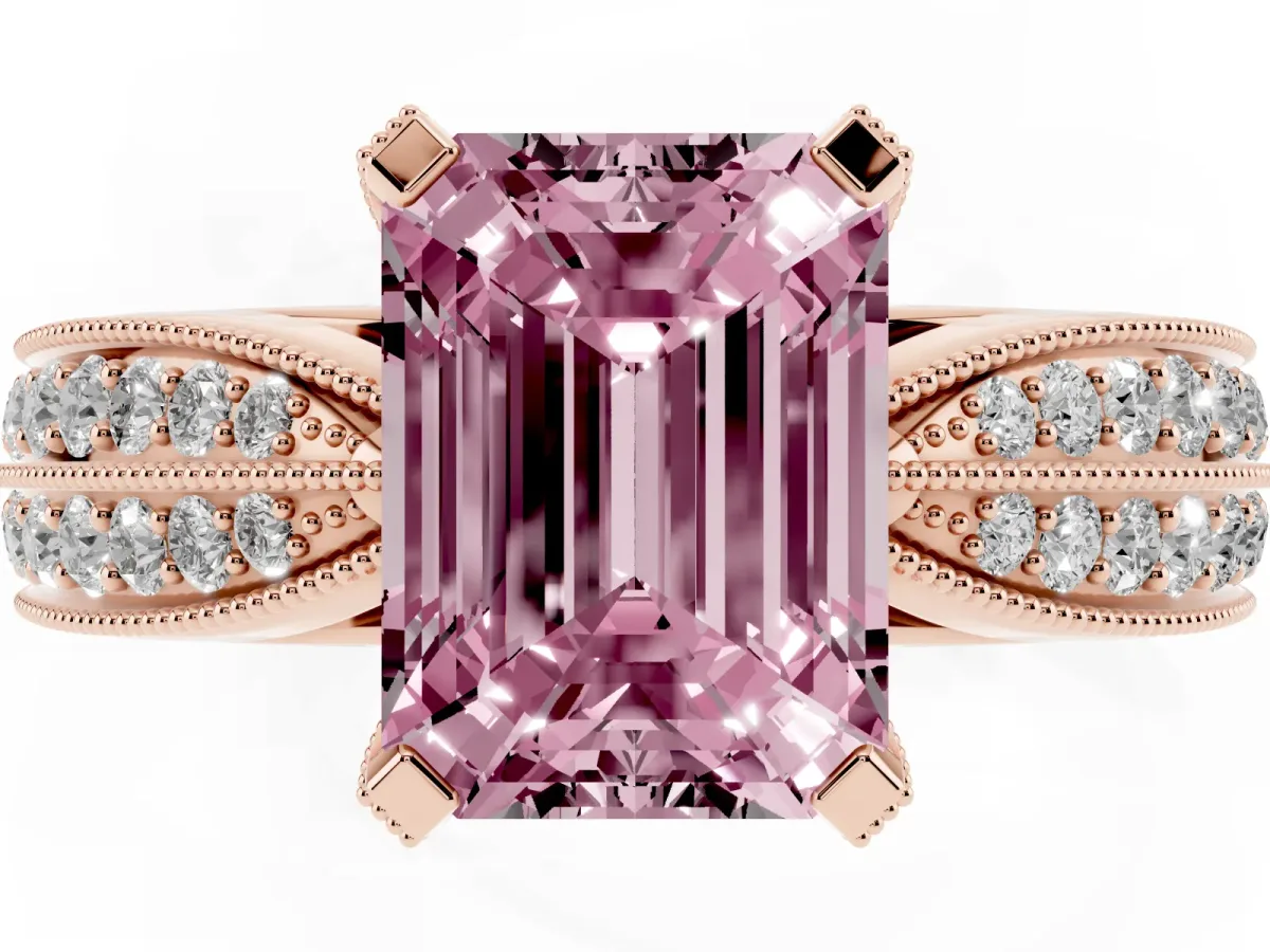 Fancy Pink Emerald Cut Diamond Solitaire Ring with Milgrain Round Pavé Band and Prong Setting Rose gold