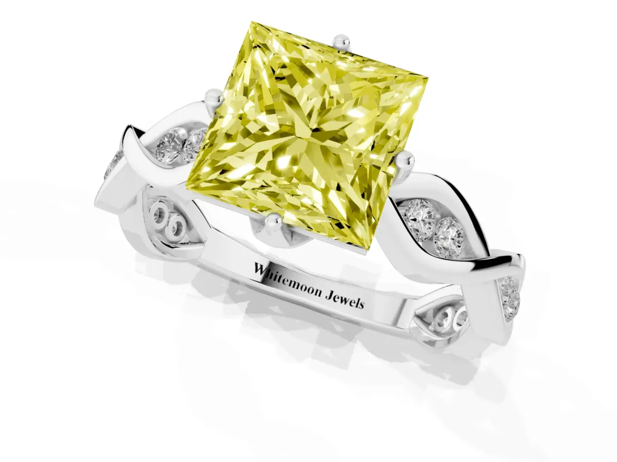 Fancy Yellow Princess Cut Solitaire Twist Band with Leaf Prong Setting Silver