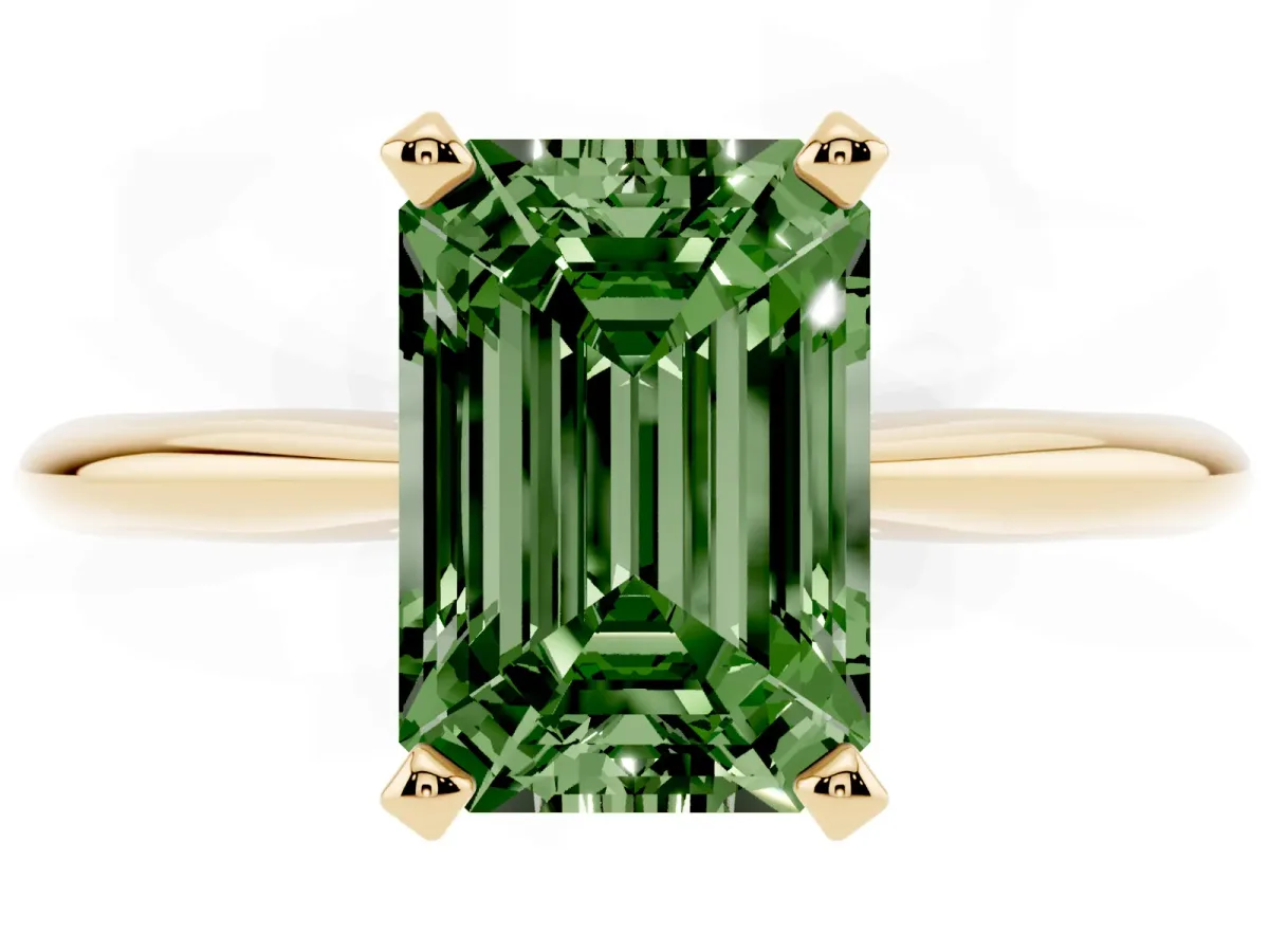Fancy Green Emerald Cut Cut Solitaire Ring with Four-Prong Setting on a Classic Band Yellow gold