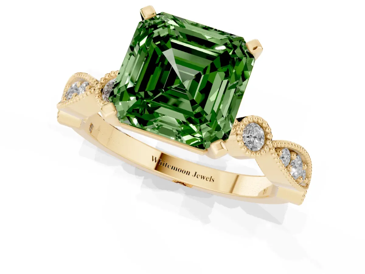 Fancy Green Asscher Cut Milgrain Bezel Diamond Engagement Ring with Solitaire Prong Setting Yellow gold