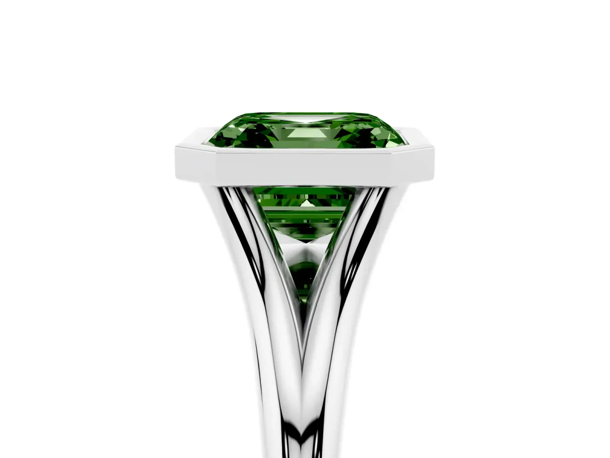 Fancy Green Bezel Set Asscher Cut Cut Solitaire Ring with Tapered Band Silver