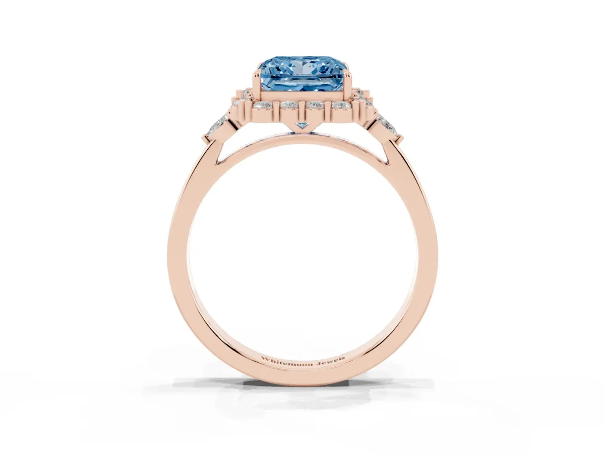 Fancy Blue Princess Cut Diamond Halo Ring with Pear Side Stones and Prong Setting Rose gold