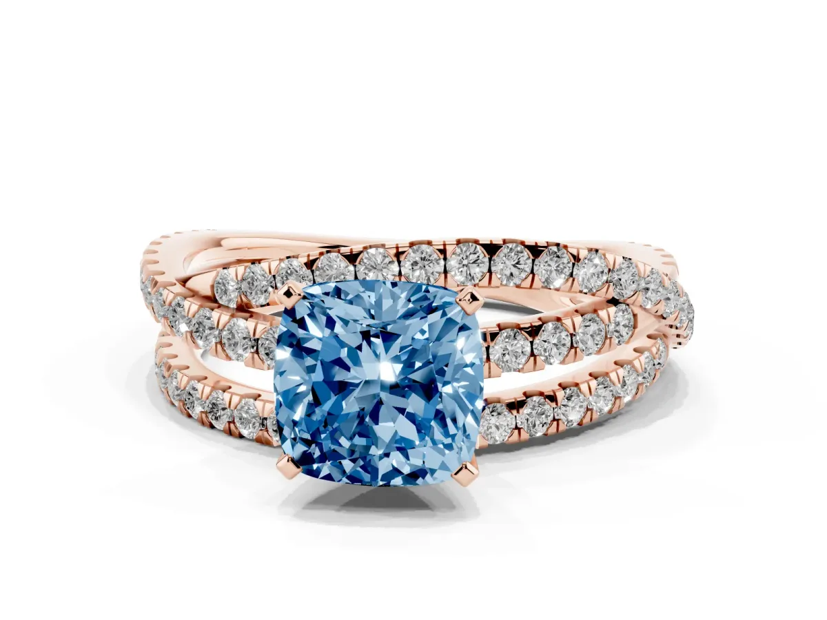 Fancy Blue Cushion Cut Solitaire Twist Band with Pavé Setting and Four-Prong Setting Rose gold