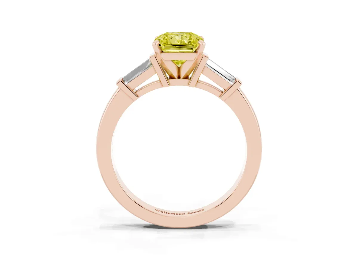 Fancy Yellow Radiant Cut Cut Diamond Solitaire Ring with Tapered Baguette Accents and Four-Prong Setting Rose gold