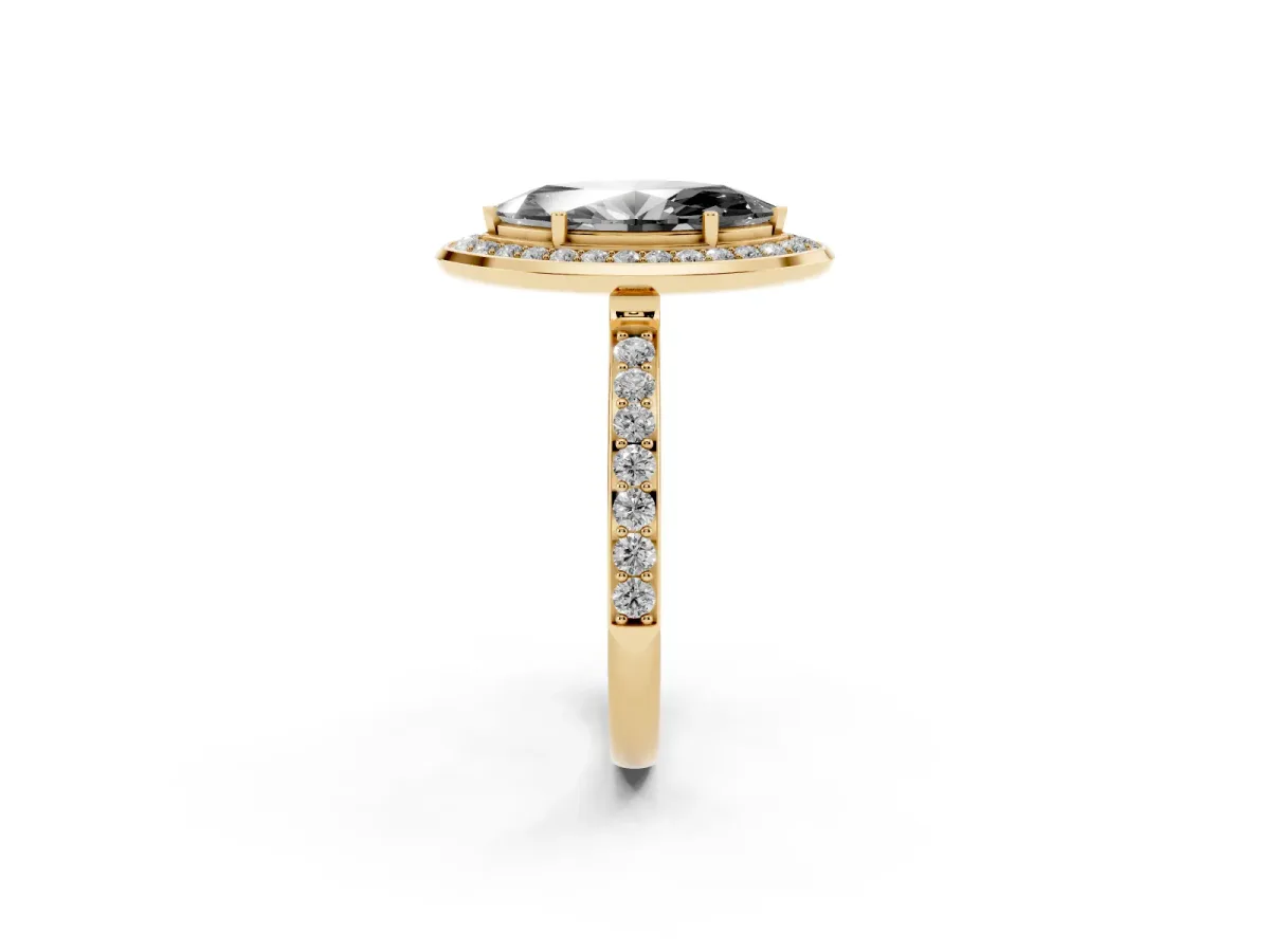 Fancy Black Marquise Cut Diamond Halo Ring with Bezel Frame and Pavé Band Yellow gold