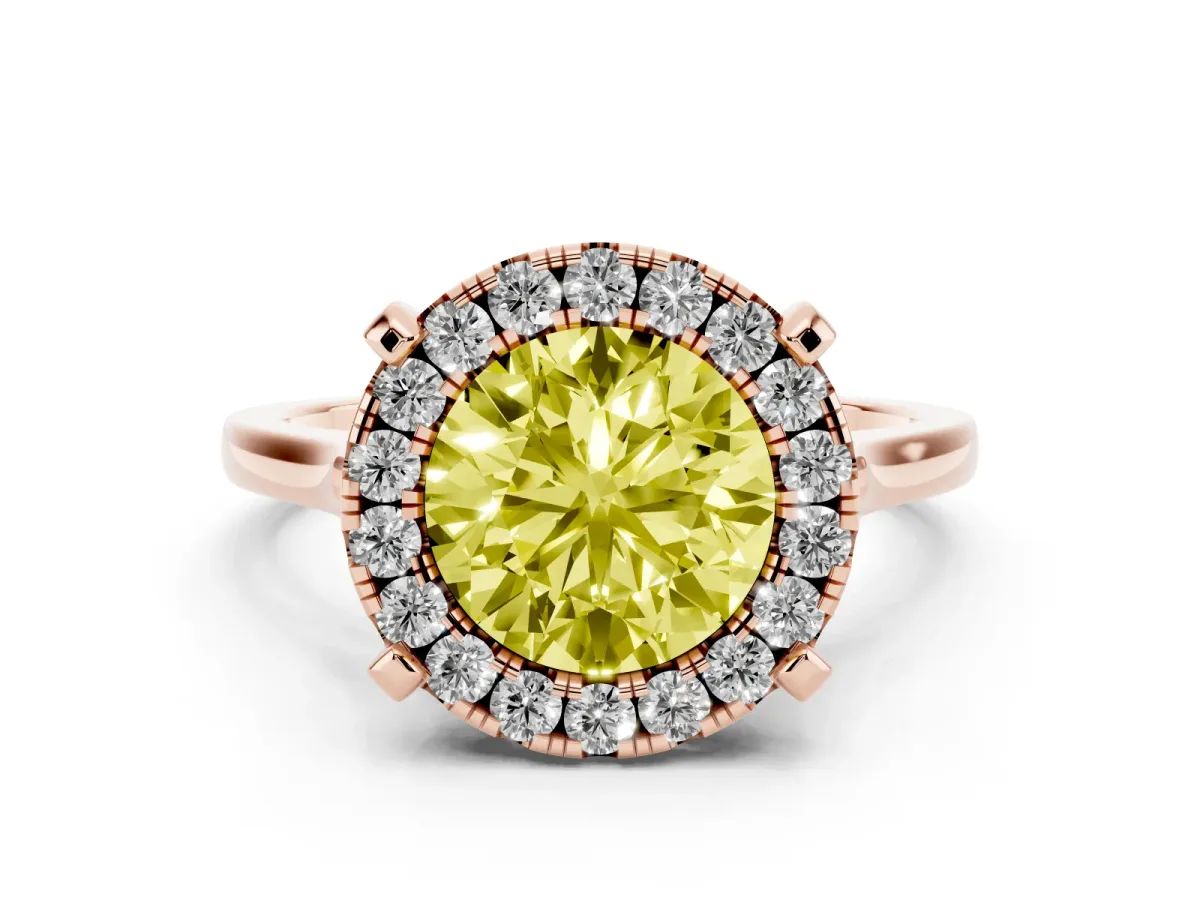 Fancy Yellow Round Cut Diamond Cluster Halo Solitaire with Four-Prong Setting Rose gold