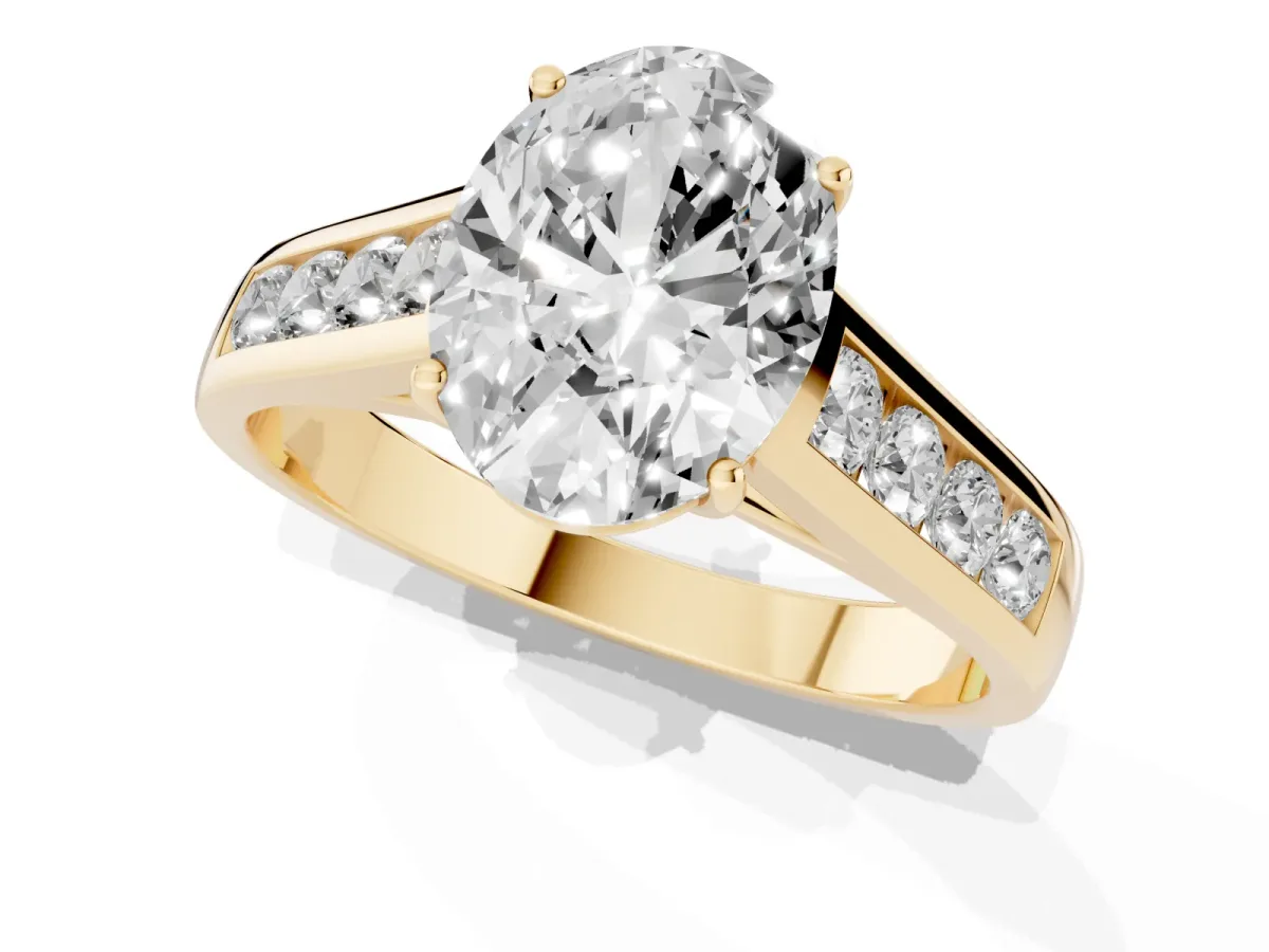 Oval Cut Solitaire Channel-Set Diamond Engagement Ring with Four-Prong Setting Yellow gold
