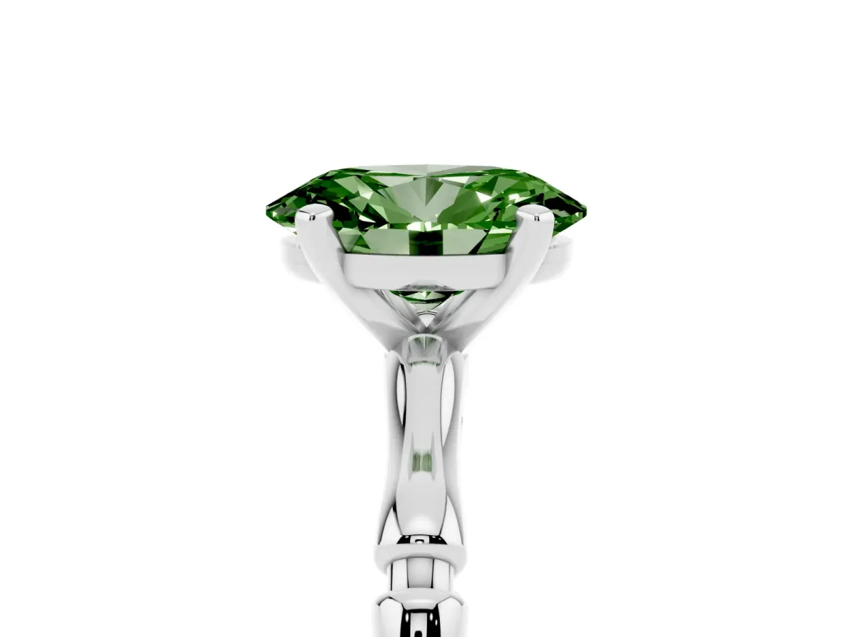 Fancy Green Oval Cut Solitaire Diamond Ring with Bamboo Band and Four-Prong Setting Silver
