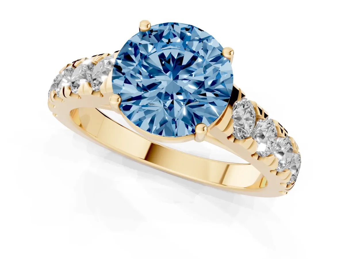 Fancy Blue Round Cut Cut Diamond Solitaire Ring with Micro Pave Band and Prong Setting Yellow gold