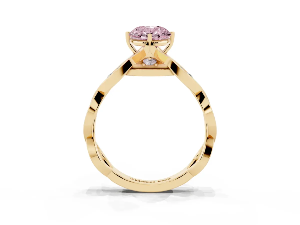 Fancy Pink Oval Cut Solitaire Twist Band with Leaf Prong Setting Yellow gold