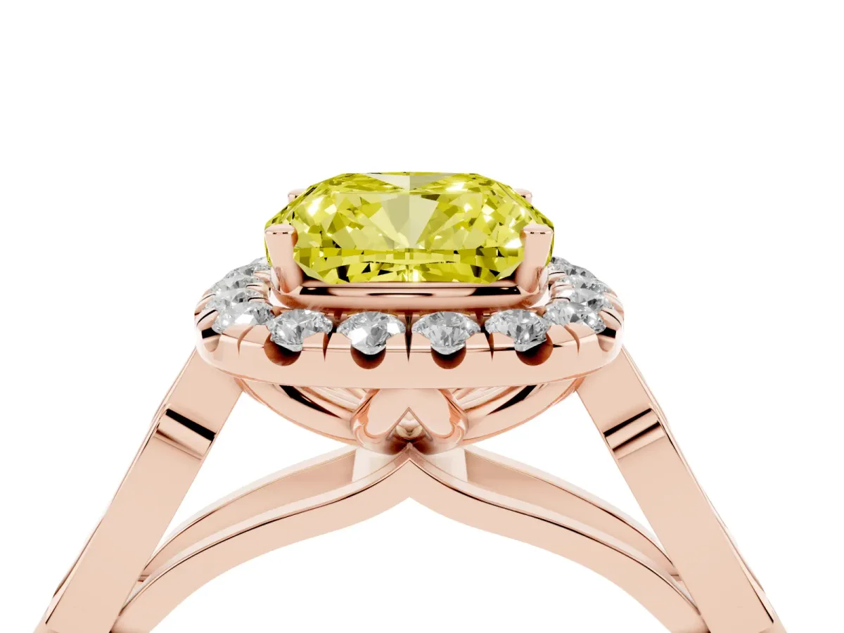 Fancy Yellow Cushion Cut Halo Diamond Engagement Ring with Filigree Band and Four-Prong Setting Rose gold