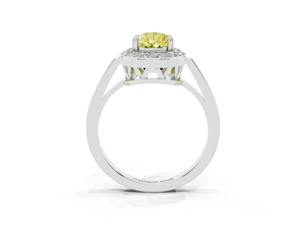 Fancy Yellow Pear Cut Diamond Halo Ring with Split Shank and Four-Prong Setting Silver