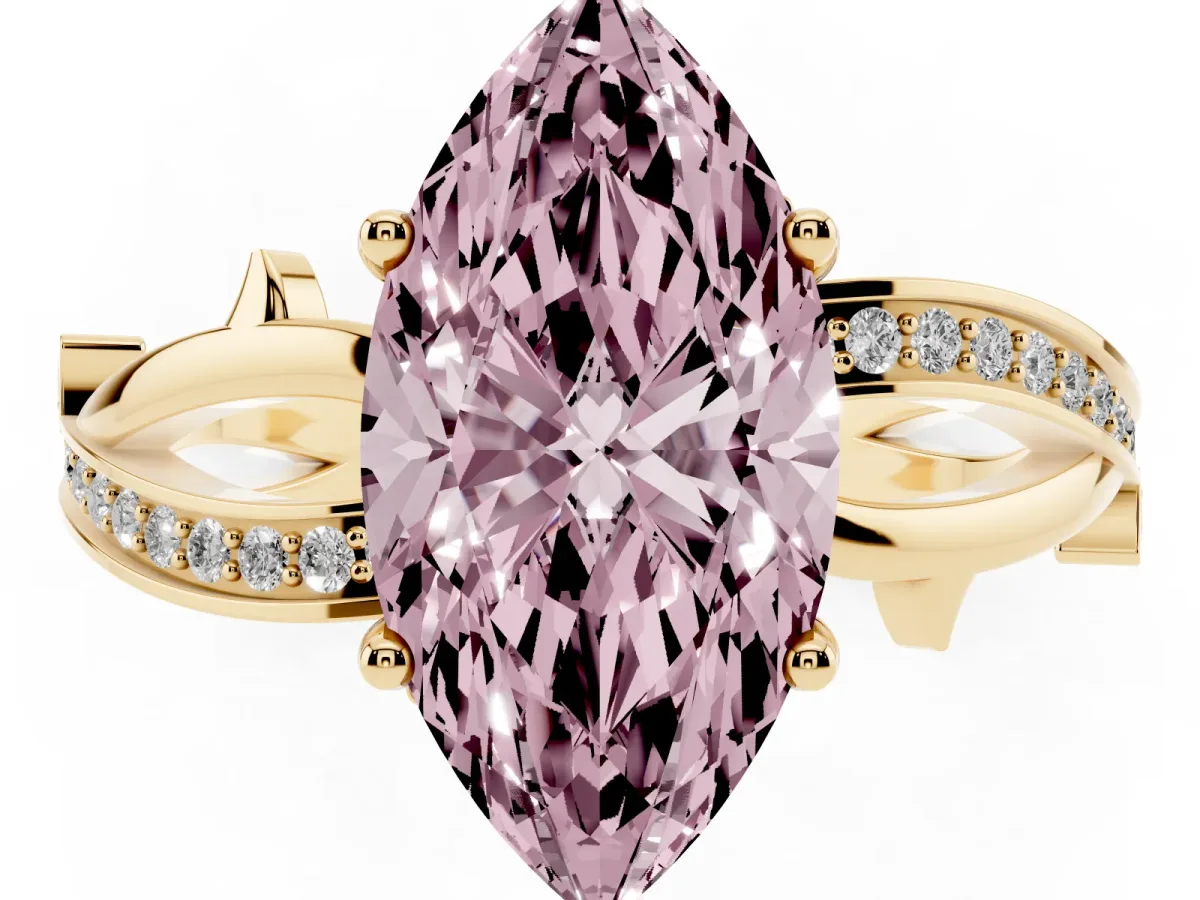Fancy Pink Marquise Cut Solitaire Twist Band with Pavé Accents and Four-Prong Setting Yellow gold