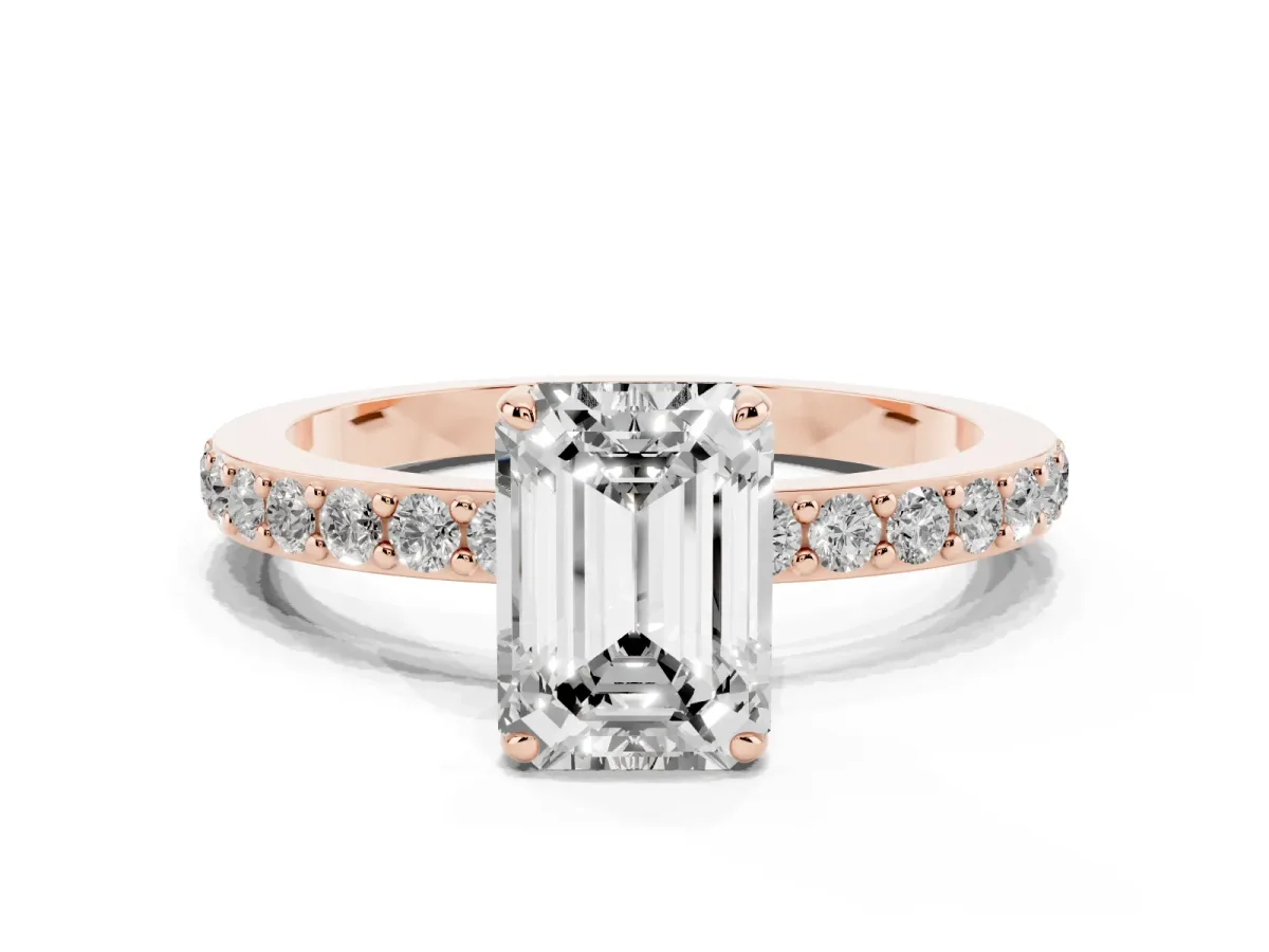 Emerald Cut Diamond Solitaire Engagement Ring with Pavé Band and Four-Prong Setting Rose gold