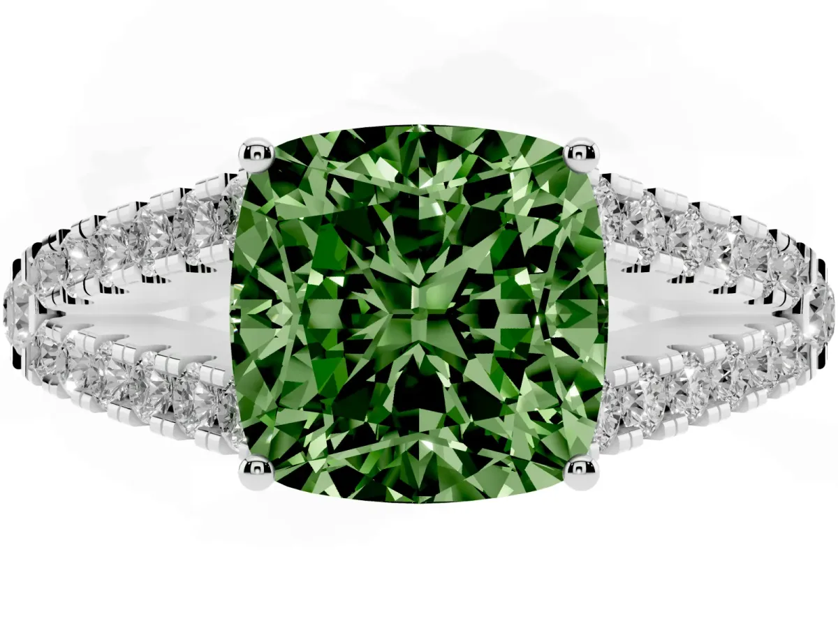 Fancy Green Cushion Cut Diamond Split Shank Pavé Engagement Ring with Four-Prong Setting White gold