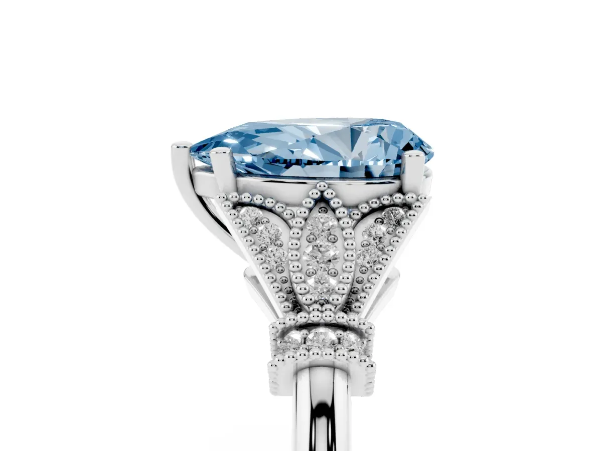 Fancy Blue Pear Cut Diamond Solitaire Ring with Floral Filigree and Pave Accents Silver