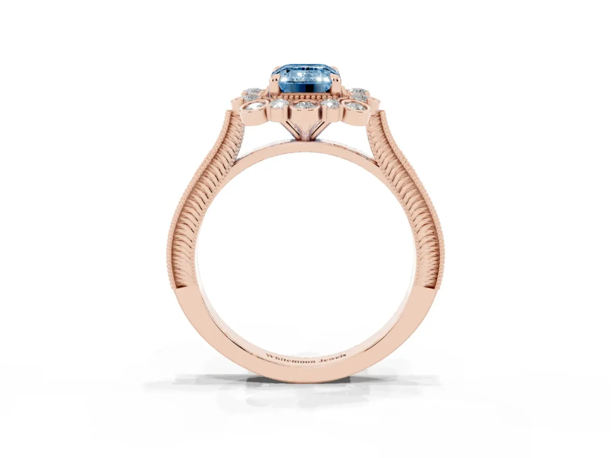 Fancy Blue Emerald Cut Halo Milgrain Pave Diamond Ring with Four-Prong Setting Rose gold