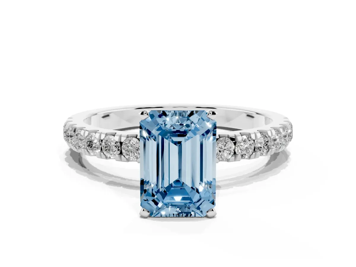 Fancy Blue Emerald Cut Diamond Solitaire Ring with Pavé Accents and Four-Prong Setting Platinum
