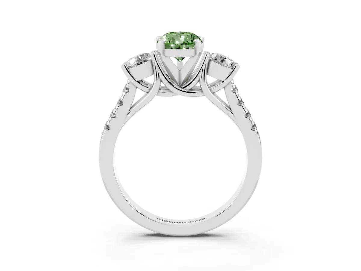 Fancy Green Three-Stone Pear Cut Diamond Pavé Band with Four-Prong Setting Platinum