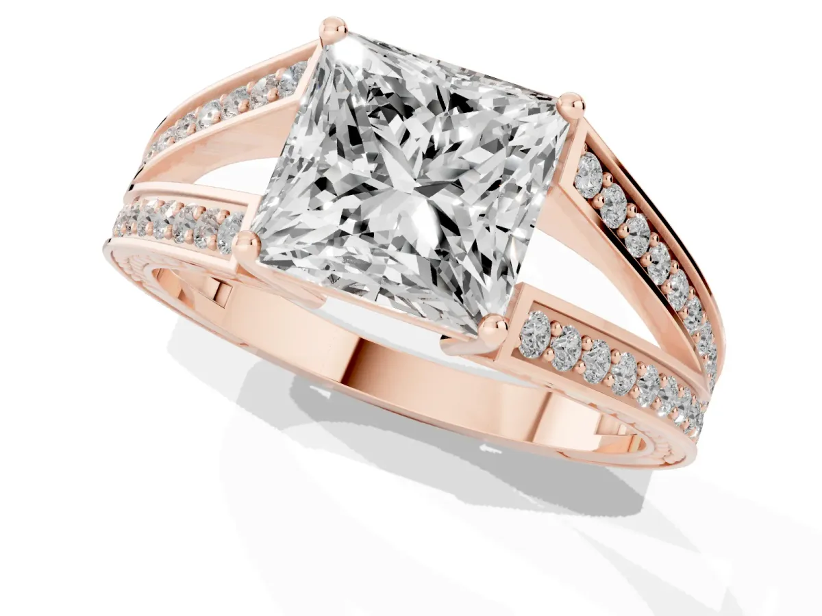 Princess Cut Diamond Split Shank Ring with Pavé Band and Four-Prong Setting Rose gold