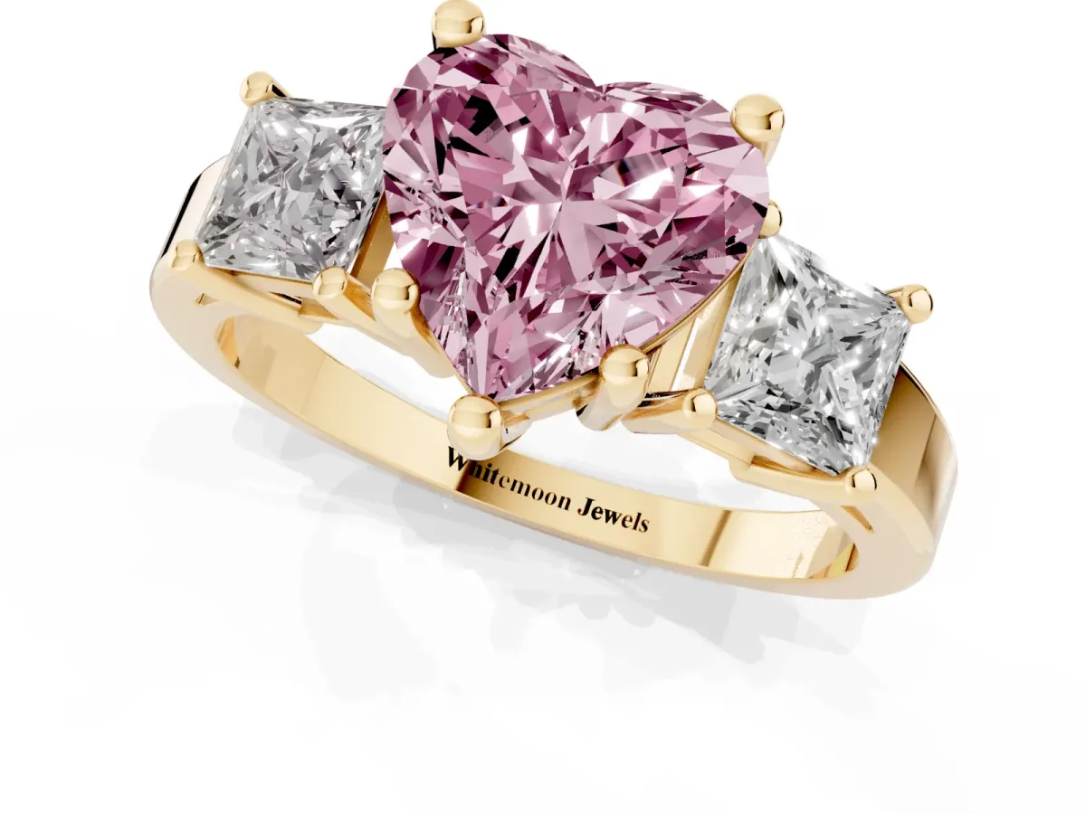 Fancy Pink Three-Stone Heart Cut Cut Solitaire Ring with Prong Setting Yellow gold