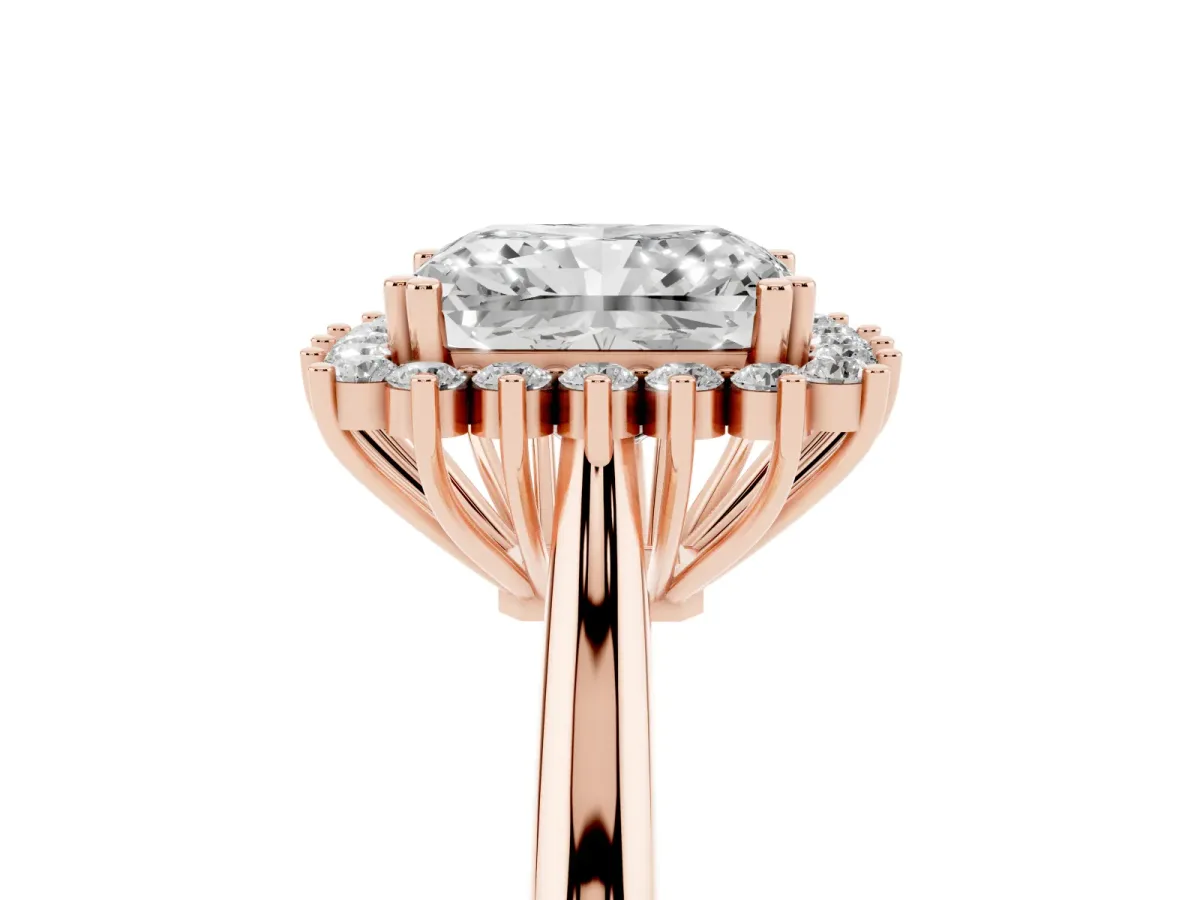 Radiant Cut Cut Diamond Halo Ring with Solitaire Band and Prong Setting Rose gold