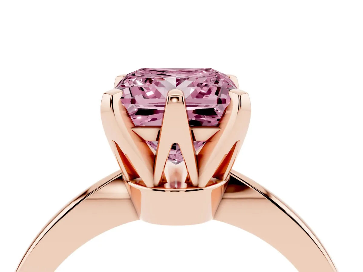 Fancy Pink Princess Cut Solitaire Engagement Ring with Six-Prong Setting and Tapered Band Rose gold