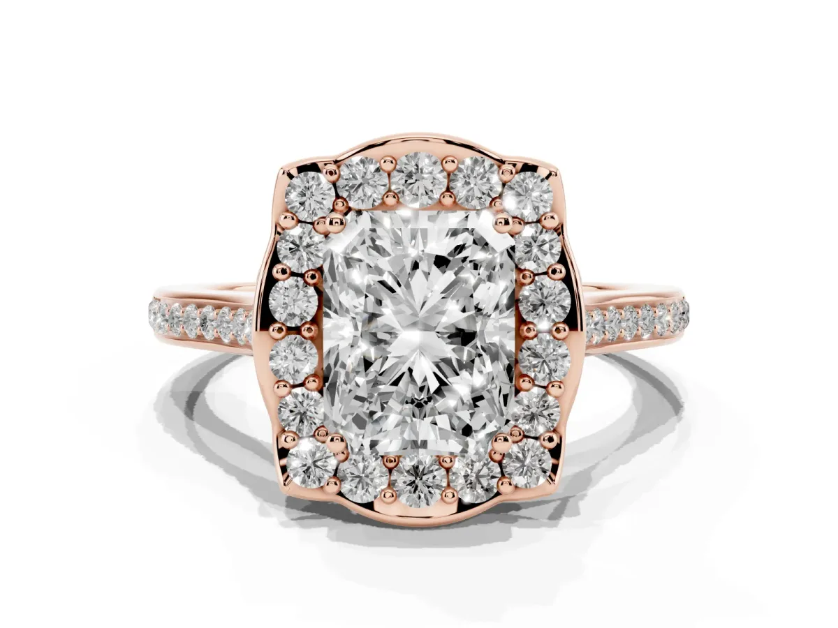 Radiant Cut Halo Round Diamond Pave Band with Four-Prong Setting Rose gold