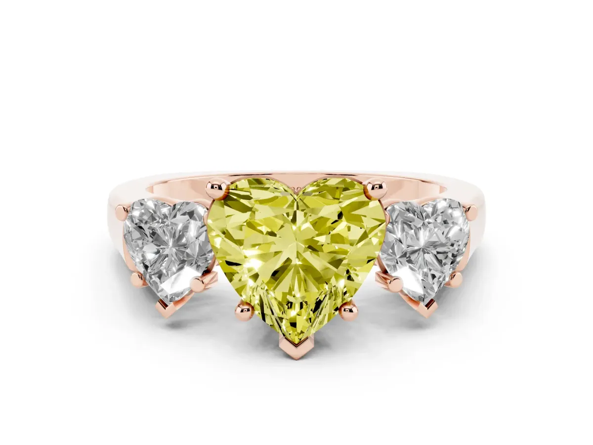 Fancy Yellow Three-Stone Heart Cut Brilliant Diamond Trellis Ring with Comfort Fit Band Rose gold