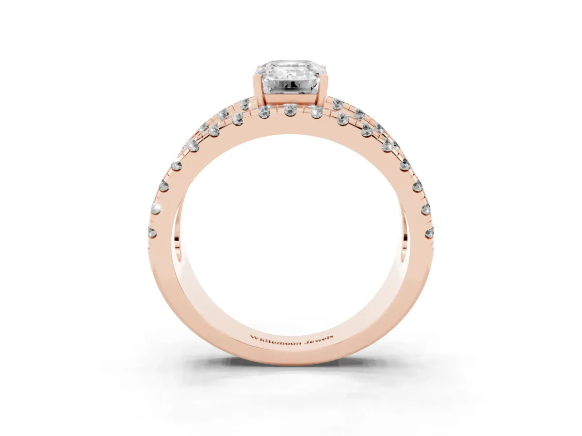 Emerald Cut Solitaire Split Shank Pave Diamond Ring Rose gold