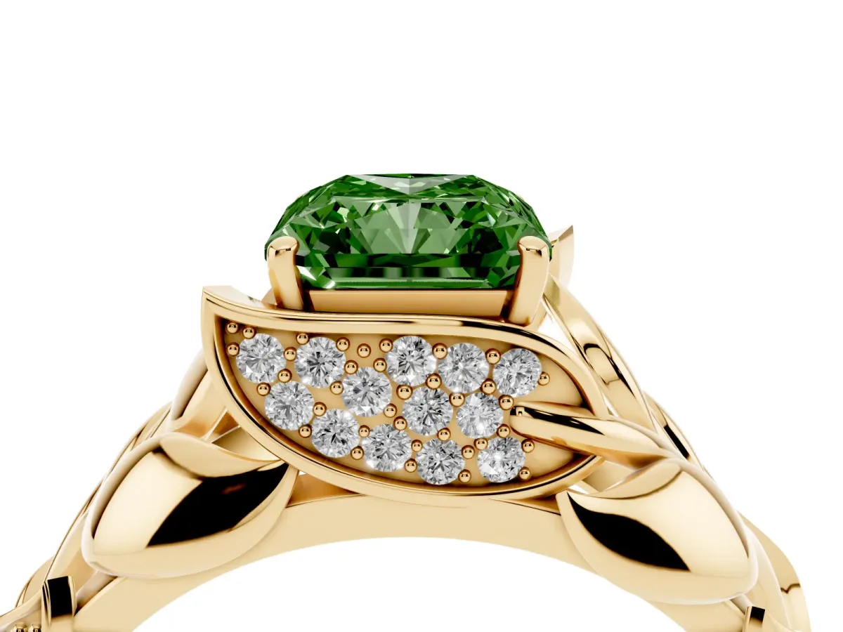 Fancy Green Radiant Cut Diamond Leaf-Inspired Engagement Ring with Round Accents and Prong Setting Yellow gold