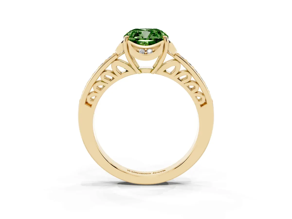 Fancy Green Cushion Cut Cut Halo Diamond Ring with Channel Set Band and Four-Prong Setting Yellow gold