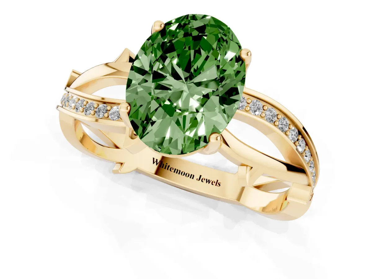 Fancy Green Oval Cut Solitaire Twist Band with Pavé Accents and Four-Prong Setting Yellow gold