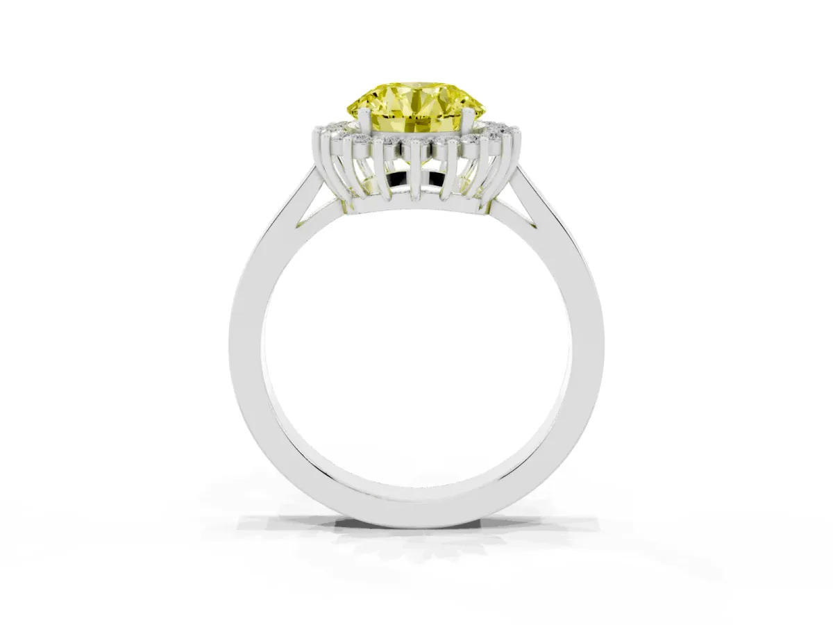Fancy Yellow Round Cut Cut Diamond Halo Ring with Round Brilliant Halo and Solitaire Band Silver