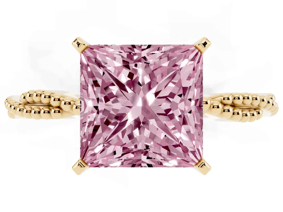 Fancy Pink Princess Cut Solitaire Twisted Band with Bead Prong Setting Yellow gold