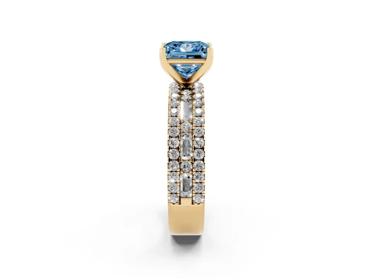 Fancy Blue Princess Cut Diamond Solitaire Ring with Pavé and Channel Set Band Yellow gold